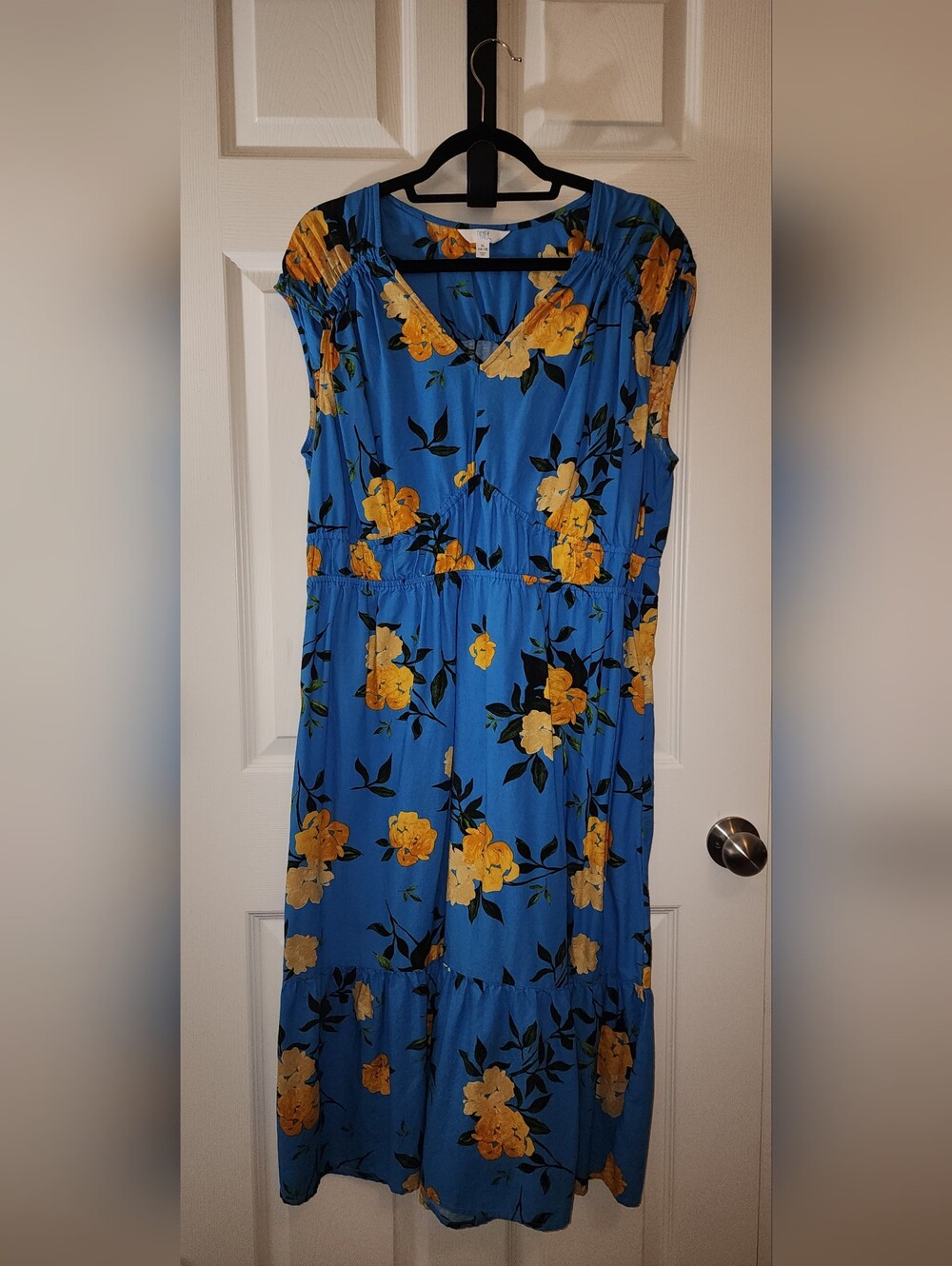 Time and Tru Blue Midi Dress with Yellow Floral Print